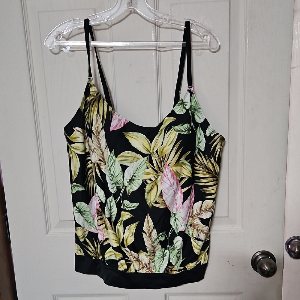LANDS' END LADIES TROPICAL TANKINI TOP: BLACK/GREEN: NEW WITH TAGS: SIZE 14